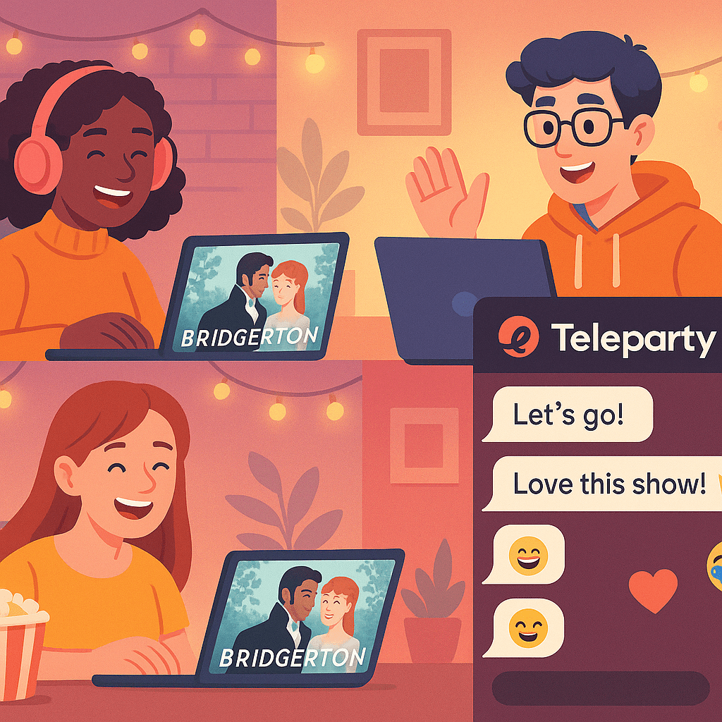 Illustration of a Teleparty virtual watch party with friends watching a TV series, a must-have binge-watching tool for 2025
